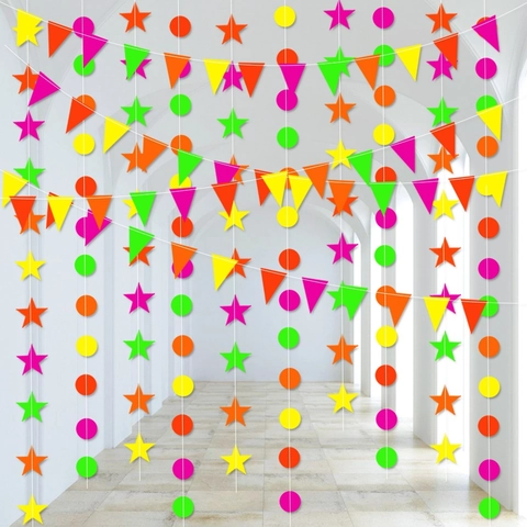 Guirnalda Papel Neón Fluorescente Estrella Círculo Triángulo Banderines Cumpleaños Boda Fiesta Decoración Colgante Glow Party