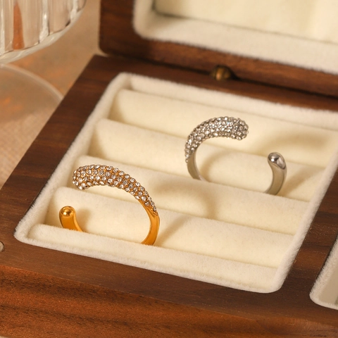 Stainless Steel Open Ring Rhinestone Adjustable Geometric Minimalist Jewelry For Women Non Fading Luxury Style