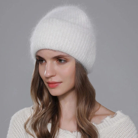 Women's Winter Angora Rabbit Hair Knitted Beanie Hat Warm Soft Plush Ribbed Cuff Skull Cap Daily Fashion Ear Protection Outdoor Headwear
