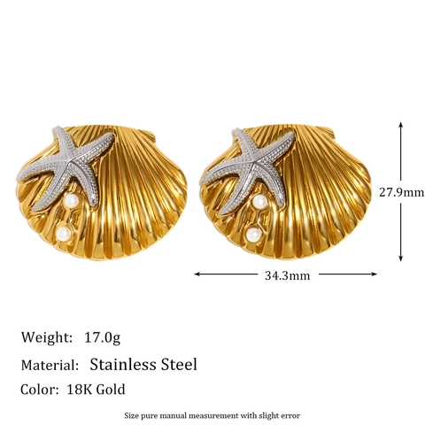 Pendientes De Botón Concha Estrella De Mar Acero Inoxidable Chapado En Oro 18K Con Perla Artificial Tema Océano Para Mujer