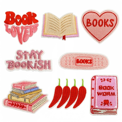 Embroidered Book Patches Iron On Aesthetic Fabric Appliques For Clothing Jackets Book Lovers Pink Red Heart Bookworm DIY