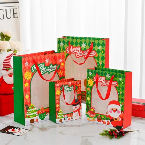 Weihnachts Geschenktüte Aus Papier Transparentes Fenster Satinnband Griff Weihnachtsmann Elch Party Favor