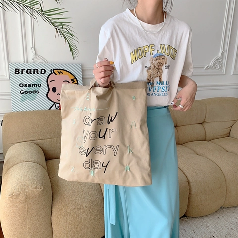 Sac Cabas Toile Femme Style Coréen Graffiti Imprimé Lettres Broderie Sac À Épaule Grande Capacité Pour Étudiantes