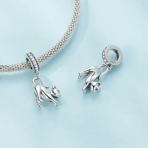 S925 Sterling Silver Cute Cat Charm Pendant Zirconia Inlaid Stretching Kitty Bead For DIY Bracelet Necklace Jewelry Making