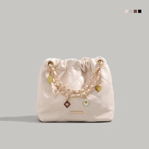 Gesteppte PU Leder Beuteltasche Für Damen Schicke Kette Schulter Umhängetasche Mit Herz Emaille Anhängern Elegante Handtasche