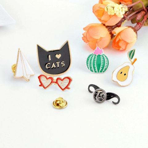 Cartoon Brooch Pins Enamel Alloy Cat Cactus Pear Ice Cream Plane Heart Glasses Mustache Cute Decorative Badge