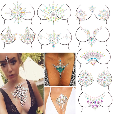 Rhinestone Body Jewels Chest Stickers Face Gems Holographic Acrylic Self Adhesive For Festival Rave Party Sexy Glamorous