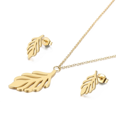 Stainless Steel Hollow Leaf Necklace And Stud Earrings For Women Elegant Fashion Simple Boho Style Jewelry