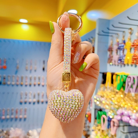 Luxury Sparkling Rhinestone Heart Keychain Cute Faux Leather Strap Bag Charm For Women Girls Metal Heart Pendant Keyring Gift