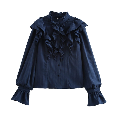 French Retro Ruffle Blouse Textured Polyester Mock Neck Bubble Long Sleeves Elegant Loose Shirt Dark Blue