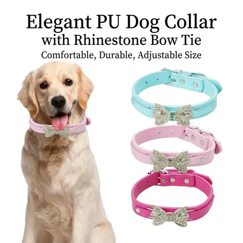 Bling Rhinestone Bowtie Pet Collar PU Leather Adjustable Buckle Neck Strap For Small Dogs Cats