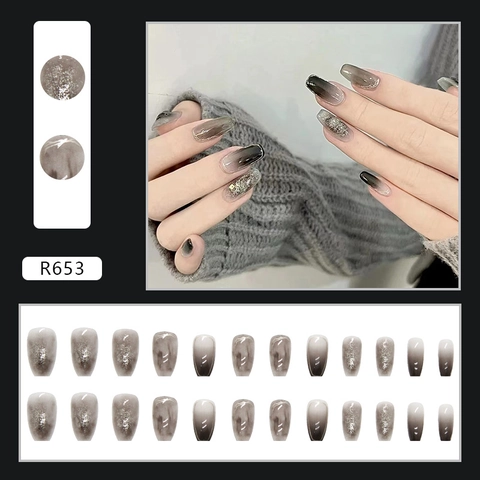 Unghie Finte Press On Sfumate Grigio Marmorizzato Forma Coffin Con Glitter Argento Stile Scuro Misterioso Elegante