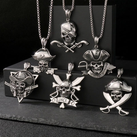 Skull Pendant Pirate Anchor Cross Swords Necklace Stainless Steel Punk Rock Vintage Gothic Jewelry Men Accessory