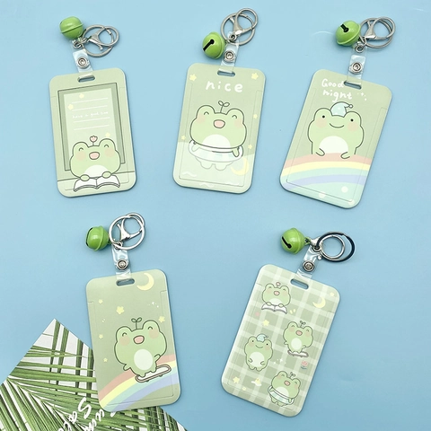 Cartoon Frog Card Holder ABS Plastic Sliding ID Badge Case With Lanyard For Students Office Green Waterproof Dustproof