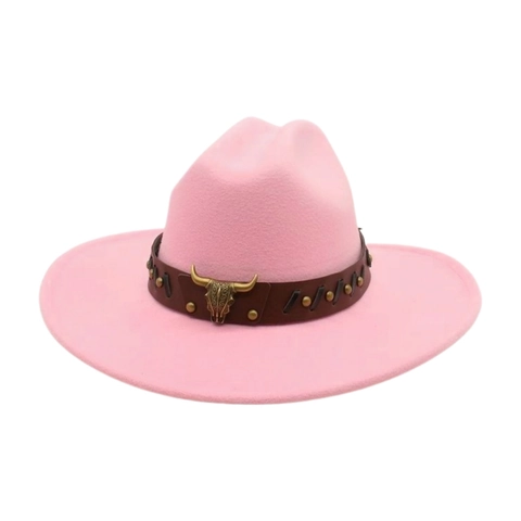 Cappello Da Cowboy Occidentale Vintage Feltro Tesa Larga Con Ornamento In Metallo Teschio Di Toro E Fascia In Pelle