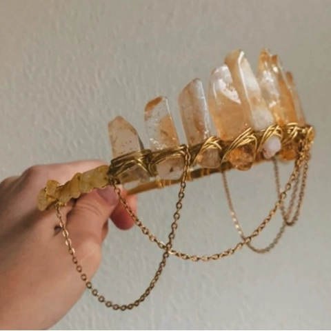 Handgefertigte Citrin-Kristall Krone Goldene Kette Sonnenanhänger Brauthochzeit Böhmische Göttin Kopfschmuck