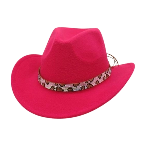 Western Cowboy Hat Polyester Felt Wide Brim With Leopard Print Beaded Band Leather Cord Vintage Ethnic Jazz Fedora