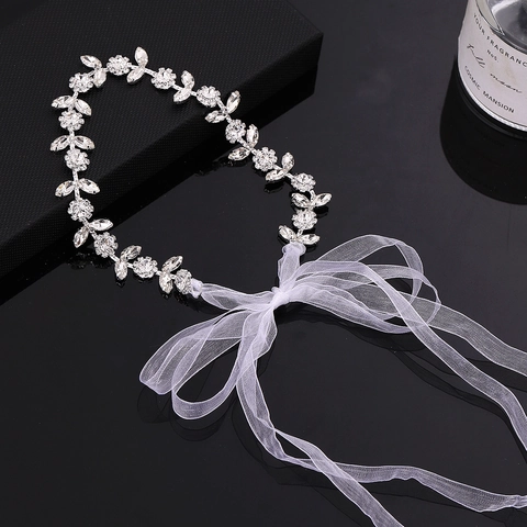 Diadema De Novia Con Pedrería Aleación De Plata Flor Hoja Cinta Blanca Elegante Tocado De Boda Bohemio Para Mujeres