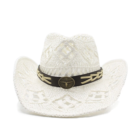 Western Cowboy Straw Hat Hollow Out Breathable Wide Brim Bull Head Badge Summer Beach Travel Vintage Sun Hat For Women Men