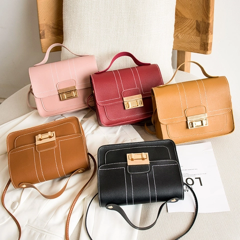 Women Handbag PU Leather Contrast Stitching Golden Metal Lock Shoulder Crossbody Bag Top Handle Square Flap Versatile