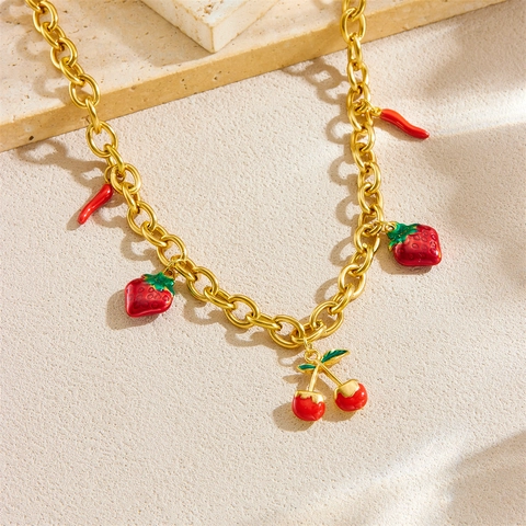 Collar De Acero Inoxidable Colgantes Frutas Fresa Cereza Chile Esmalte Color Oro Joyería De Moda Para Mujeres