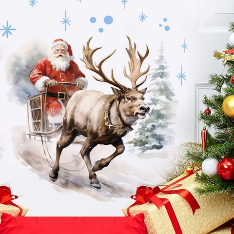 Christmas Wall Stickers Santa Claus Reindeer Sleigh PVC Removable Decals Watercolor Holiday Home Window Decorations