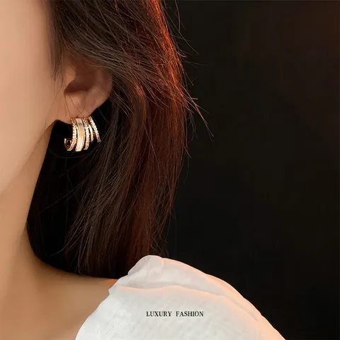 C-Shape Stud Earrings With Copper Zircon Mother Of Artificial Pearl And Silver Earring Post Gold Plated Multi-Layer Chic For Women