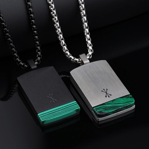 Men Pendant Necklace Stainless Steel Malachite Tiger Eye Stone Brushed Dog Tag Cross Arrow Engraved Box Chain Jewelry