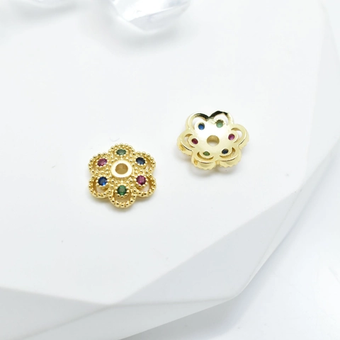 Flower Copper Spacer Beads With Colorful Zircon Gold Plated Bead Caps For DIY Jewelry Making Bracelets Accessories