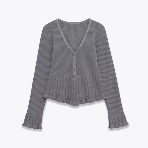 Women V Neck Ribbed Knit Cardigan Ruffled Hem Long Sleeve Button Front Polyester Spandex Slim Sweaters Top