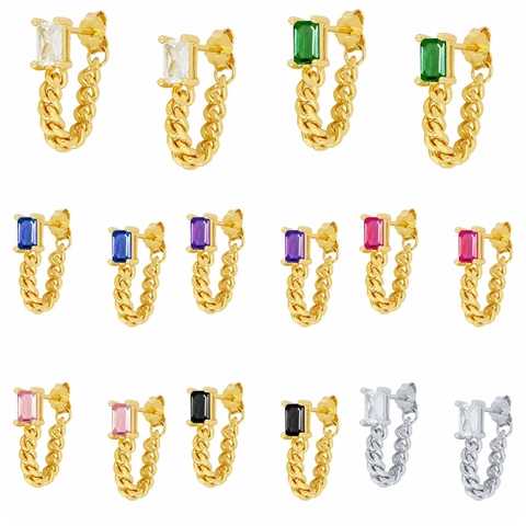 Geometric Square Zircon Curb Chain Stud Earrings With 925 Sterling Silver Earring Post Copper Tassel Fashion Women