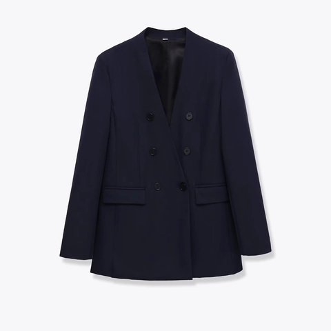 Dames Marineblauw Double Breasted Blazer Lange Mouw Polyester Casual Business Pak Bovenkleding