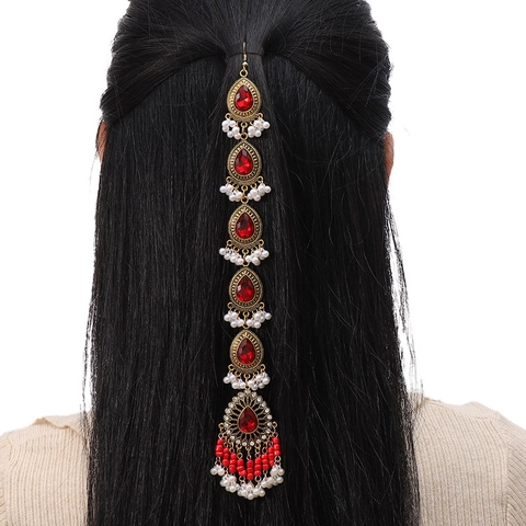Retro Ethnic Style Head Chain Alloy Rhinestone Faux Artificial Pearl Tassel Hair Jewelry For Women Bohemian Indian Hair Accessories