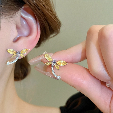 Dragonfly Stud Earrings Copper Cubic Zirconia With Silver Earring Post For Women Shiny Elegant Small Animal Jewelry