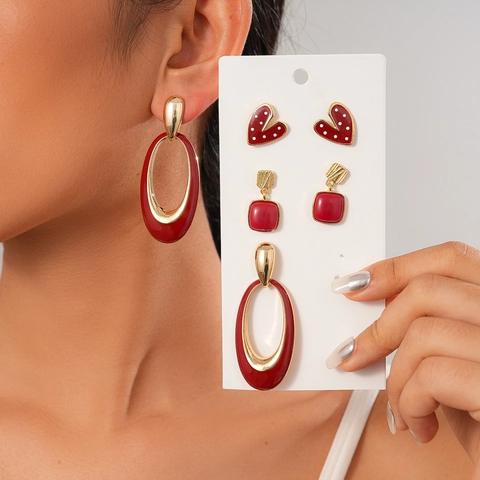 Red Heart Square Oval Earrings Enamel Alloy Vintage Fashion Jewelry For Women With 925 Sterling Silver Earring Post