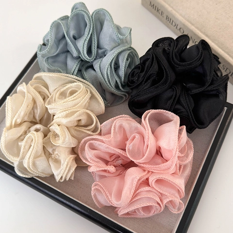 Large Flower Hair Scrunchie Organza Fabric Rose Petal Layered Design Elastic Ponytail Holder Sweet Elegant For Women
