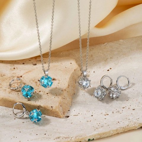 Collana Con Ciondolo A Cubo Magico Rotondo E Orecchini Gioielli Elegante Acciaio Inossidabile Rame Zirconia Blu Bianco Donne