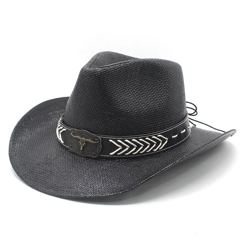 Western Cowboy Straw Hat With Bull Skull Leather Band Wide Brim Breathable Retro Ethnic Sun Shade Outdoor