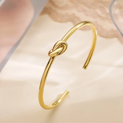 Knot Open Cuff Bangle For Women Minimalist 18K Gold Plated Copper With Zircon High Polished Smooth Adjustable Bracelet