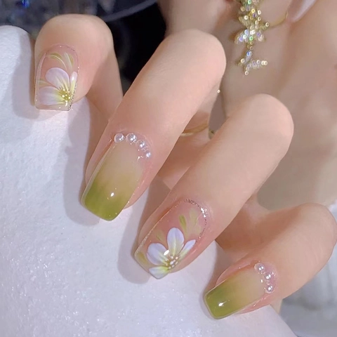 Press On Nails Abs Green Pink Gradient Hand Painted Camellia Flowers Mini Artificial Pearls Square Shape Nails For Women Manicure