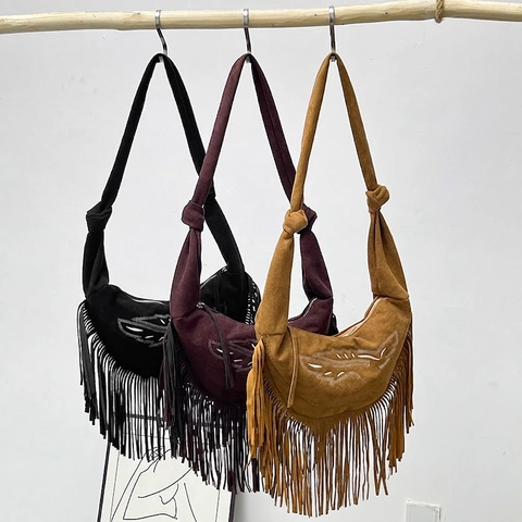 Retro Bohemian Schoudertas Voor Dames Van Imitatie Suède Borduursel Maan Hobo Okseltas Lange Franjes Geknoopte Schouderband