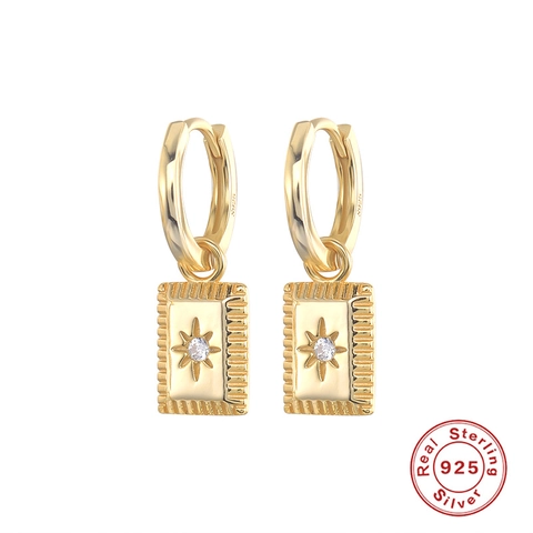 Square Starburst Pendant Hoop Earrings 925 Sterling Silver Geometric Cubic Zirconia Vintage Gold Jewelry Women Gifts