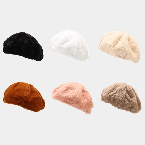 Boina De Piel Sintética Para Mujer Peluche Grueso Cálido Invierno Color Sólido Gorra De Pintor