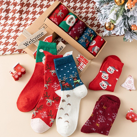 Christmas Socks Wool Blend Warm Mid Tube Reindeer Santa Pattern Winter Holiday Gift For Women