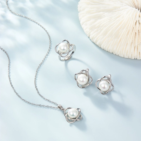 Elegant 925 Sterling Silver Artificial Pearl Jewelry Set Floral Necklace Ring Earrings For Women Fashion Commuter Accessories