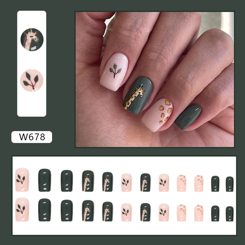 Giraffe Leaf Pattern Fake Nails Square Dark Green Pink Glossy Sweet Finger Art For Women Girls