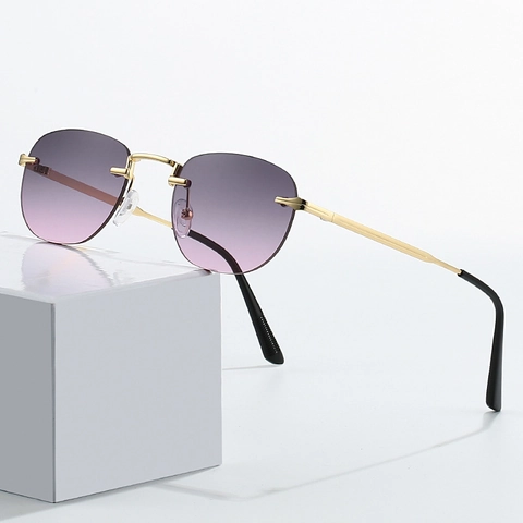 Lunettes De Soleil Sans Monture Cadre Métallique UV400 Dégradé Verres PC Mode Ovale Polygone Pour Femmes Hommes