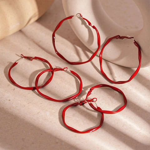 Twisted Geometric Hoop Earrings Red Metal Spray Paint With 925 Sterling Silver Earring Post Retro Wave For Women