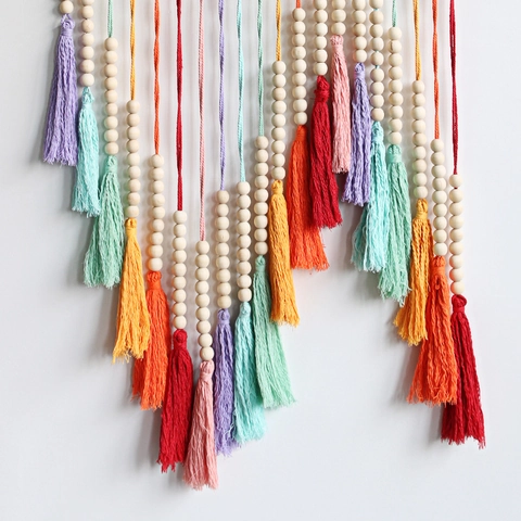 Hand Woven Macrame Wall Hanging Tapestry Colorful Rainbow Cotton Tassels Wood Beads Bohemian Nordic Home Decor