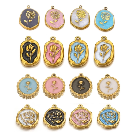 Stainless Steel Rose Tulip Flower Enamel Charms Pendants For DIY Jewelry Making Necklaces Earrings Floral Vintage Style